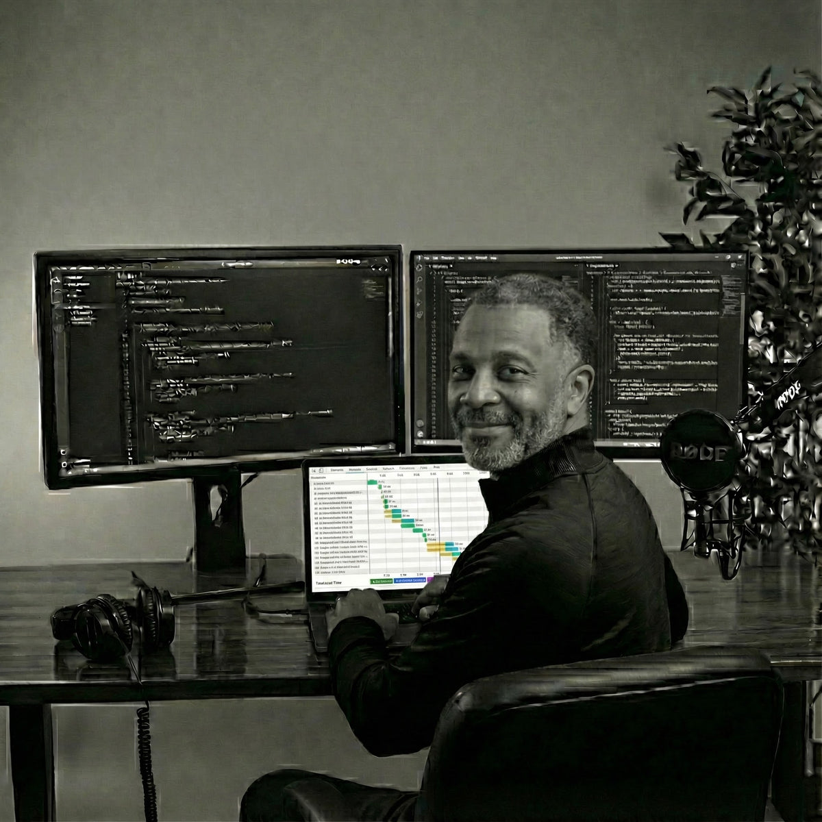 Person sitting at a desk with three computer monitors in a home office setting.