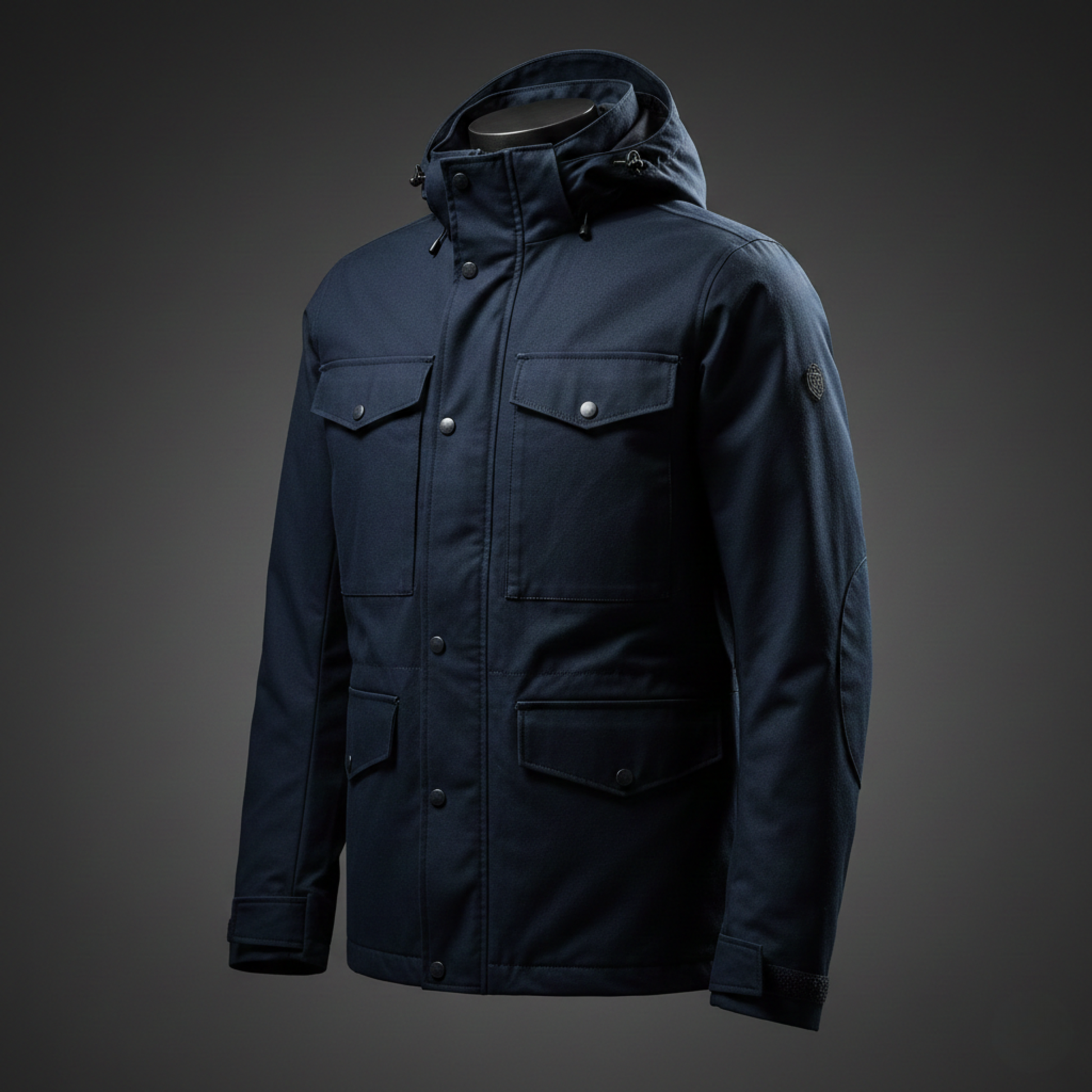 Dark blue jacket with multiple pockets on a gray background