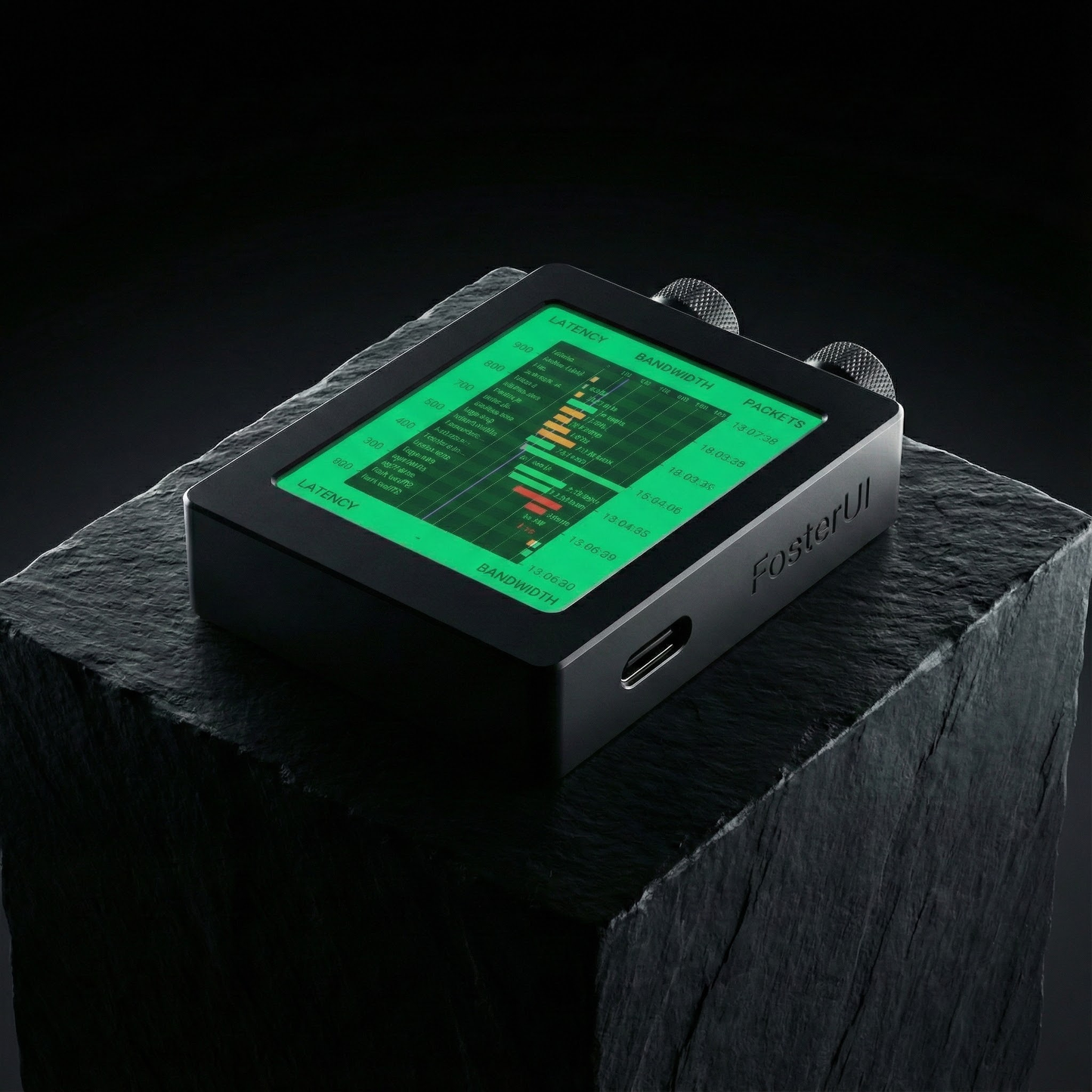 Digital device with a green screen displaying data on a dark surface