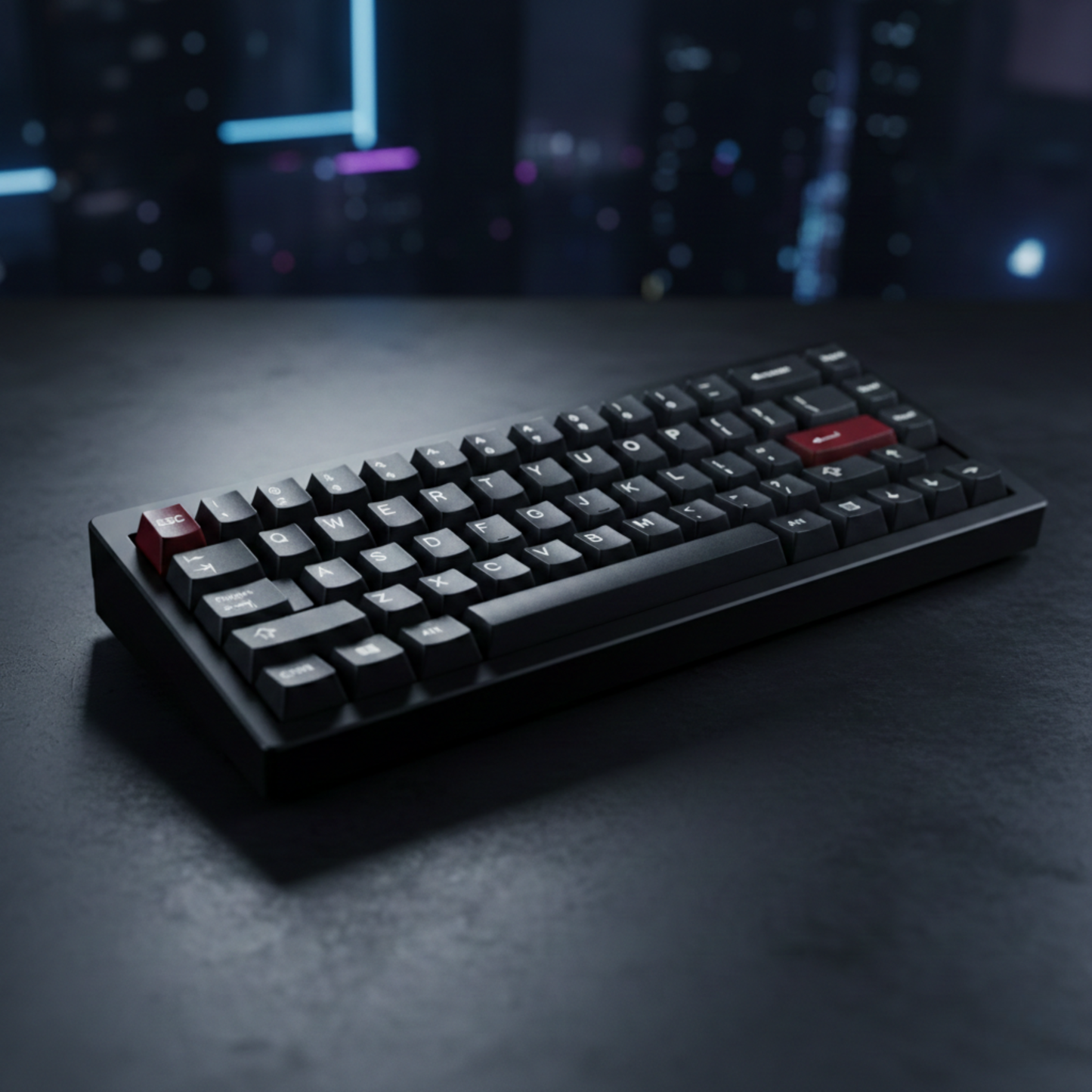 Mechanical keyboard on a dark surface with a blurred background